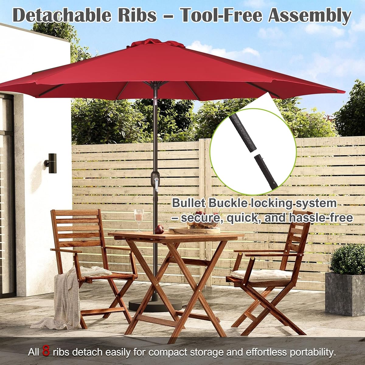 Blissun 10FT Patio Umbrella, Outdoor Table Umbrella, Yard Umbrella, Market Umbrella with 8 Sturdy Ribs, Push Button Tilt and Crank, Red - detail image 5