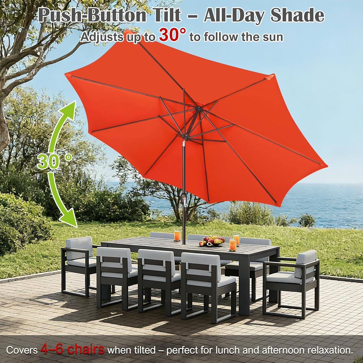 Blissun 10FT Patio Umbrella, Outdoor Table Umbrella, Yard Umbrella, Market Umbrella with 8 Sturdy Ribs, Push Button Tilt and Crank, Orange - detail image 3
