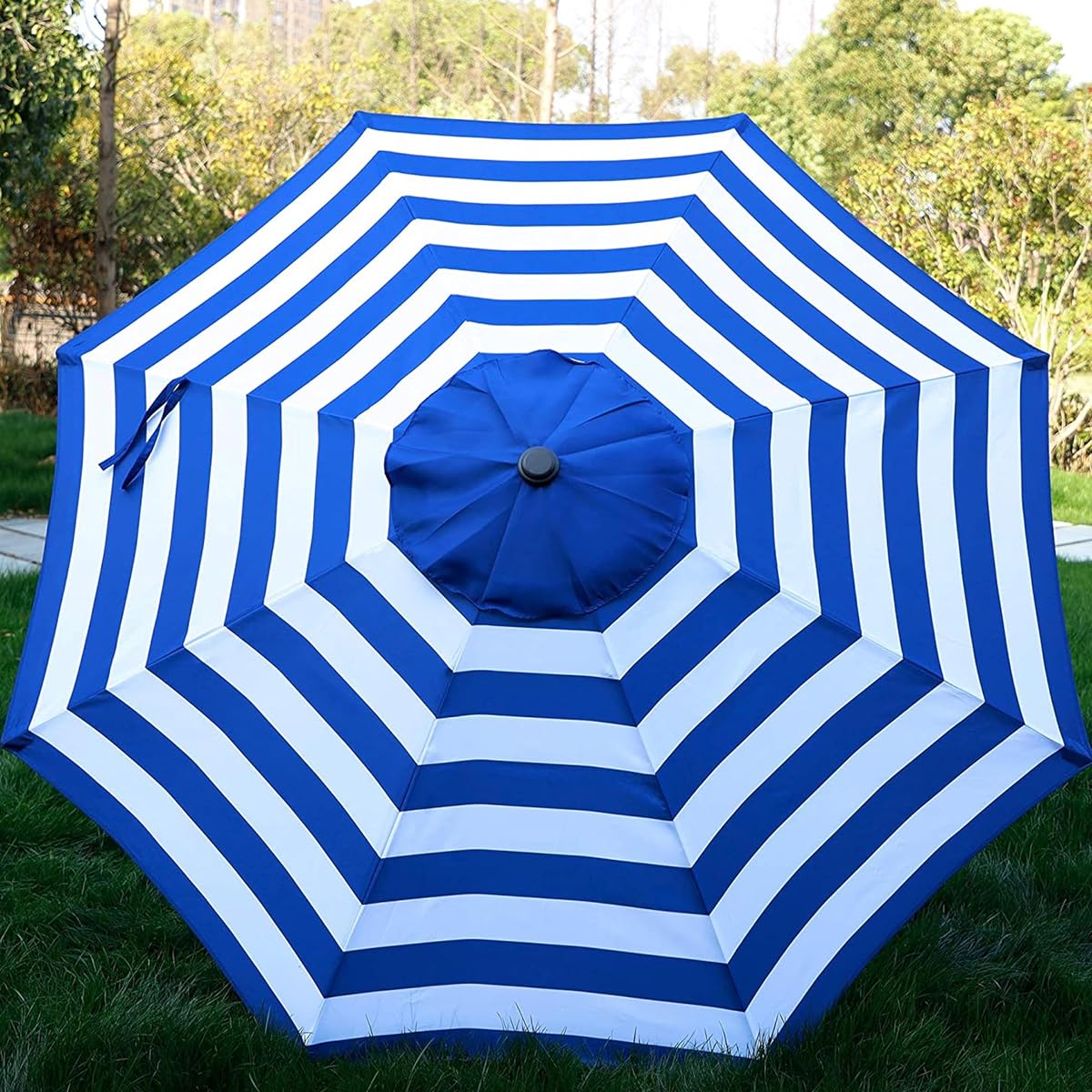 Blissun 9' Outdoor Patio Umbrella, Striped Patio Umbrella, Outdoor Table Umbrella, Market Umbrella with 8 Sturdy Ribs, Push Button Tilt and Crank (Blue & White Stripe) - detail image 3