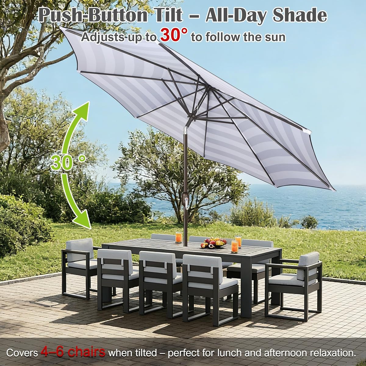 Blissun 10FT Patio Umbrella, Outdoor Table Umbrella, Yard Umbrella, Market Umbrella with 8 Sturdy Ribs, Push Button Tilt and Crank, Black & White Stripe - detail image 4