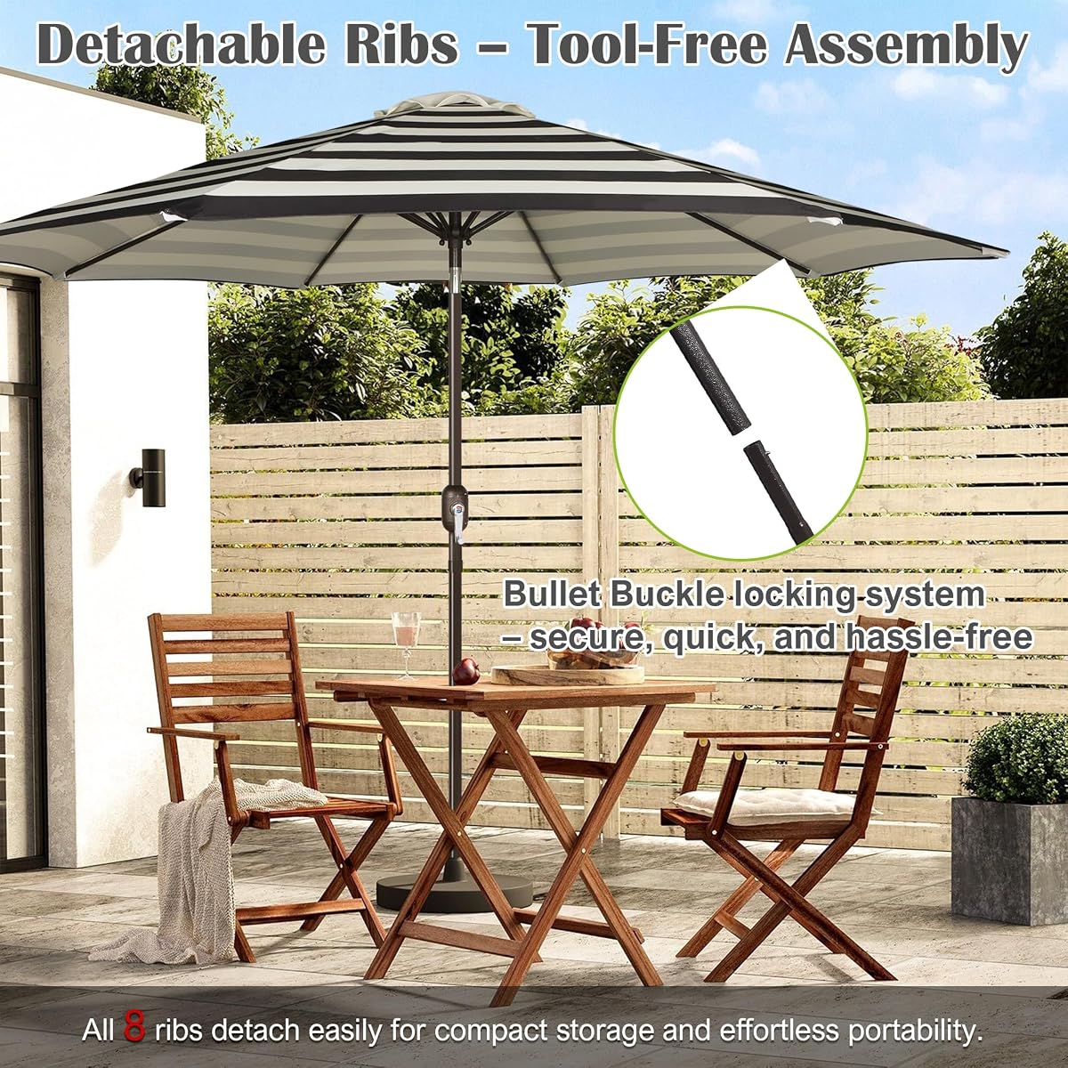 Blissun 10FT Patio Umbrella, Outdoor Table Umbrella, Yard Umbrella, Market Umbrella with 8 Sturdy Ribs, Push Button Tilt and Crank, Black & Ivory Stripe - detail image 5