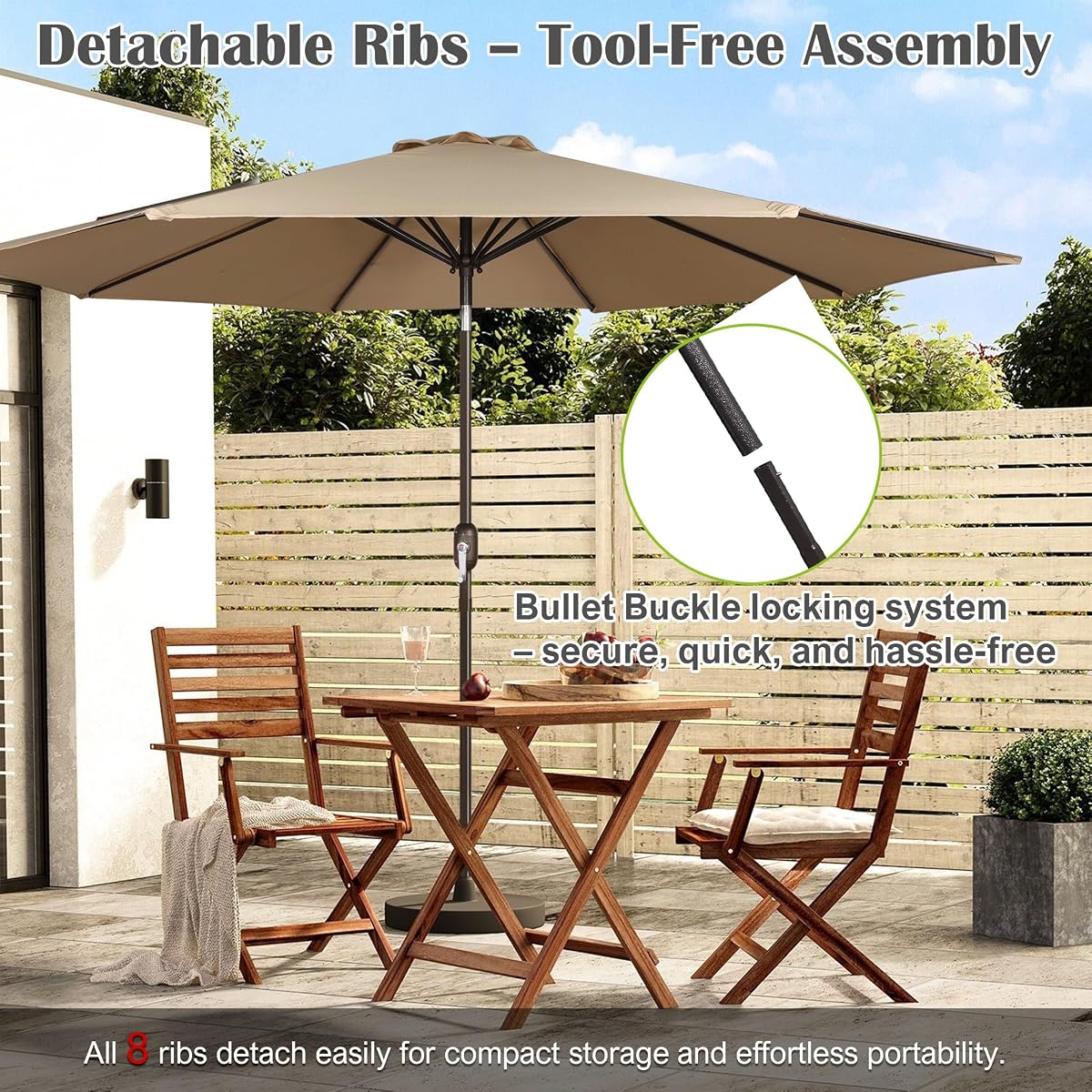 Blissun 10FT Patio Umbrella, Outdoor Table Umbrella, Yard Umbrella, Market Umbrella with 8 Sturdy Ribs, Push Button Tilt and Crank, Tan - detail image 5