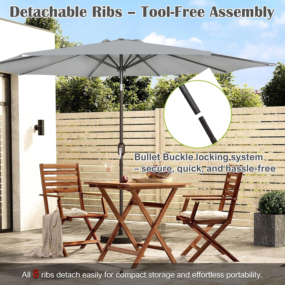 Blissun 10FT Patio Umbrella, Outdoor Table Umbrella, Yard Umbrella, Market Umbrella with 8 Sturdy Ribs, Push Button Tilt and Crank, Grey - detail image 5