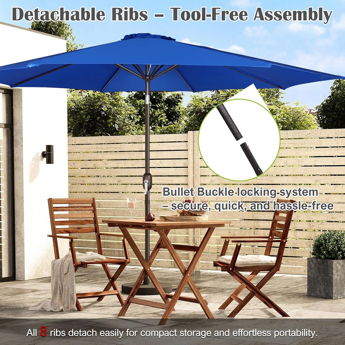 Blissun 10FT Patio Umbrella, Outdoor Table Umbrella, Yard Umbrella, Market Umbrella with 8 Sturdy Ribs, Push Button Tilt and Crank, Royal Blue - detail image 5