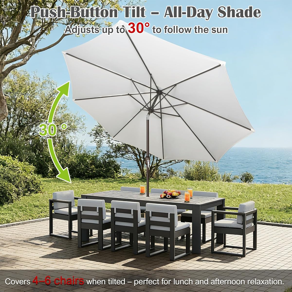 Blissun 10FT Patio Umbrella, Outdoor Table Umbrella, Yard Umbrella, Market Umbrella with 8 Sturdy Ribs, Push Button Tilt and Crank, Cream White - detail image 4