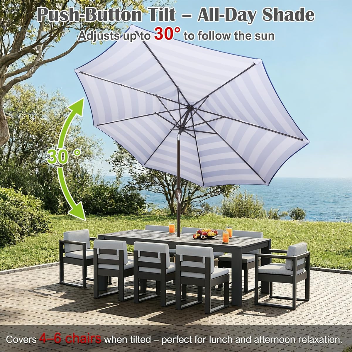 Blissun 10FT Patio Umbrella, Outdoor Table Umbrella, Yard Umbrella, Market Umbrella with 8 Sturdy Ribs, Push Button Tilt and Crank, Blue & White - detail image 4