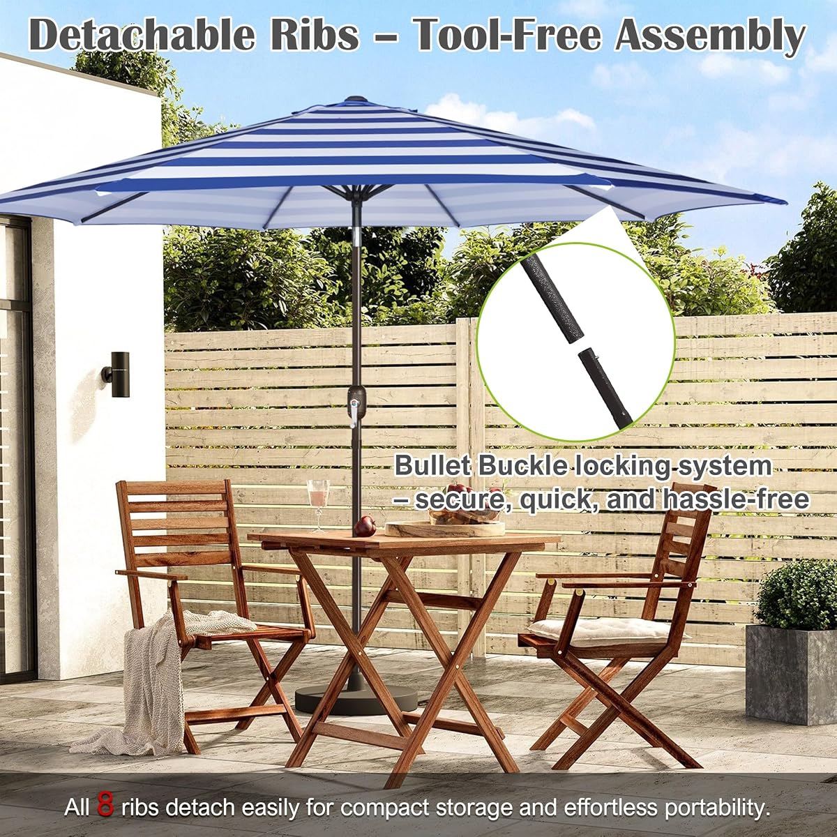 Blissun 10FT Patio Umbrella, Outdoor Table Umbrella, Yard Umbrella, Market Umbrella with 8 Sturdy Ribs, Push Button Tilt and Crank, Blue & White - detail image 5