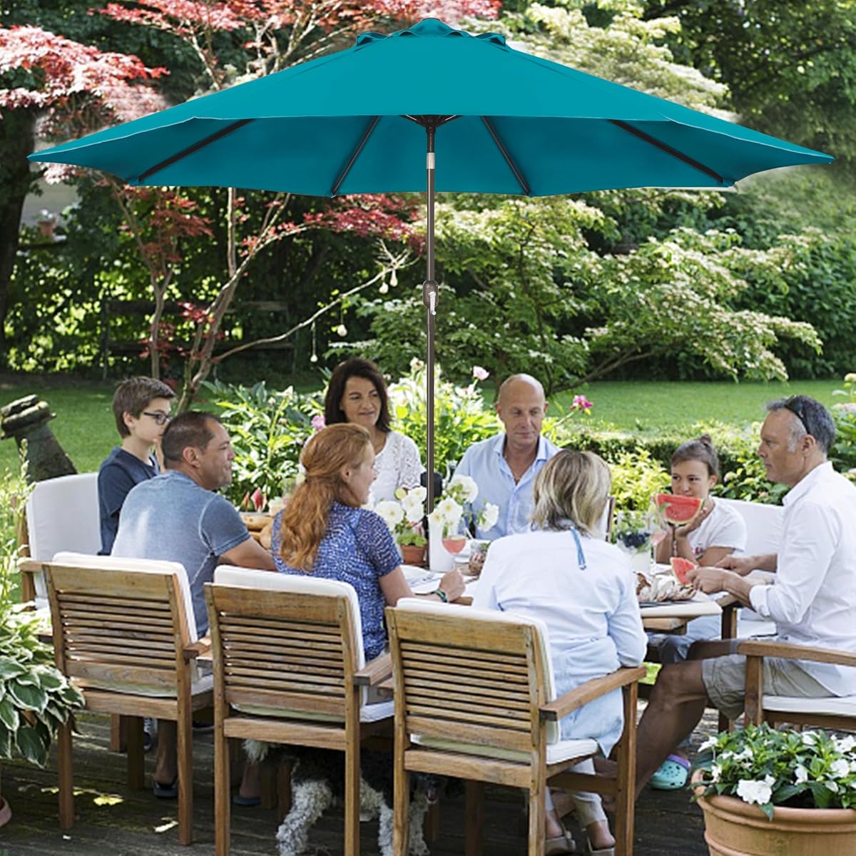 Blissun 9' Outdoor Patio Umbrella, Outdoor Table Umbrella, Yard Umbrella, Market Umbrella with 8 Sturdy Ribs, Push Button Tilt and Crank (Cerulean) - detail image 5