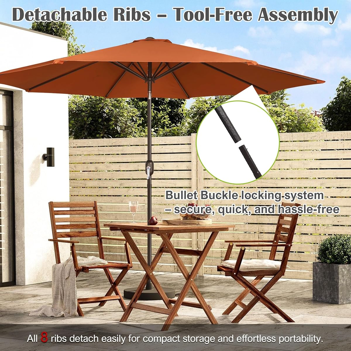 Blissun 10FT Patio Umbrella, Outdoor Table Umbrella, Yard Umbrella, Market Umbrella with 8 Sturdy Ribs, Push Button Tilt and Crank, Rust - detail image 5
