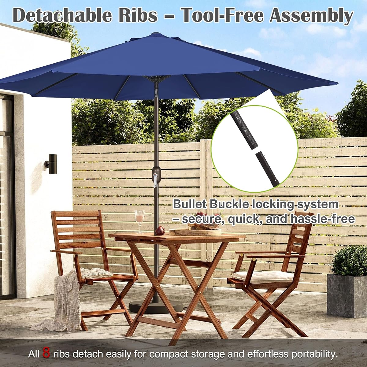Blissun 10FT Patio Umbrella, Outdoor Table Umbrella, Yard Umbrella, Market Umbrella with 8 Sturdy Ribs, Push Button Tilt and Crank, Navy Blue - detail image 5