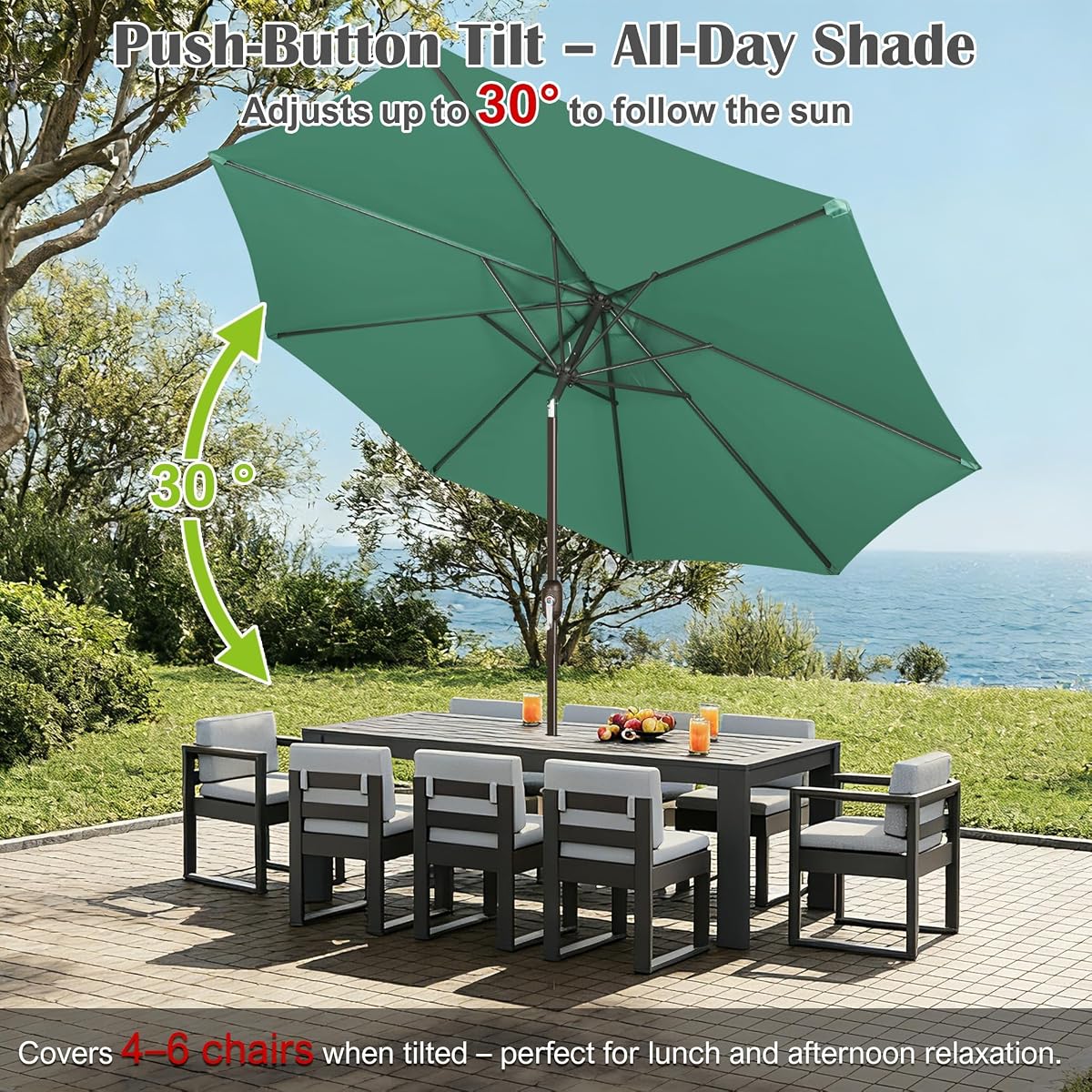 Blissun 10FT Patio Umbrella, Outdoor Table Umbrella, Yard Umbrella, Market Umbrella with 8 Sturdy Ribs, Push Button Tilt and Crank, Seaglass - detail image 4