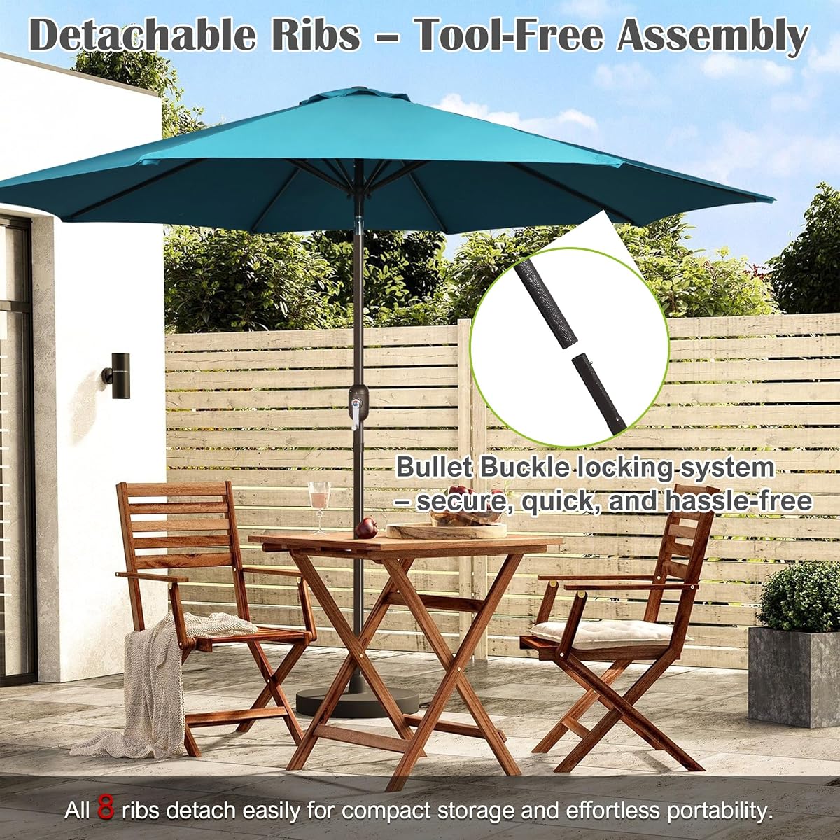 Blissun 10FT Patio Umbrella, Outdoor Table Umbrella, Yard Umbrella, Market Umbrella with 8 Sturdy Ribs, Push Button Tilt and Crank, Cerulean - detail image 5