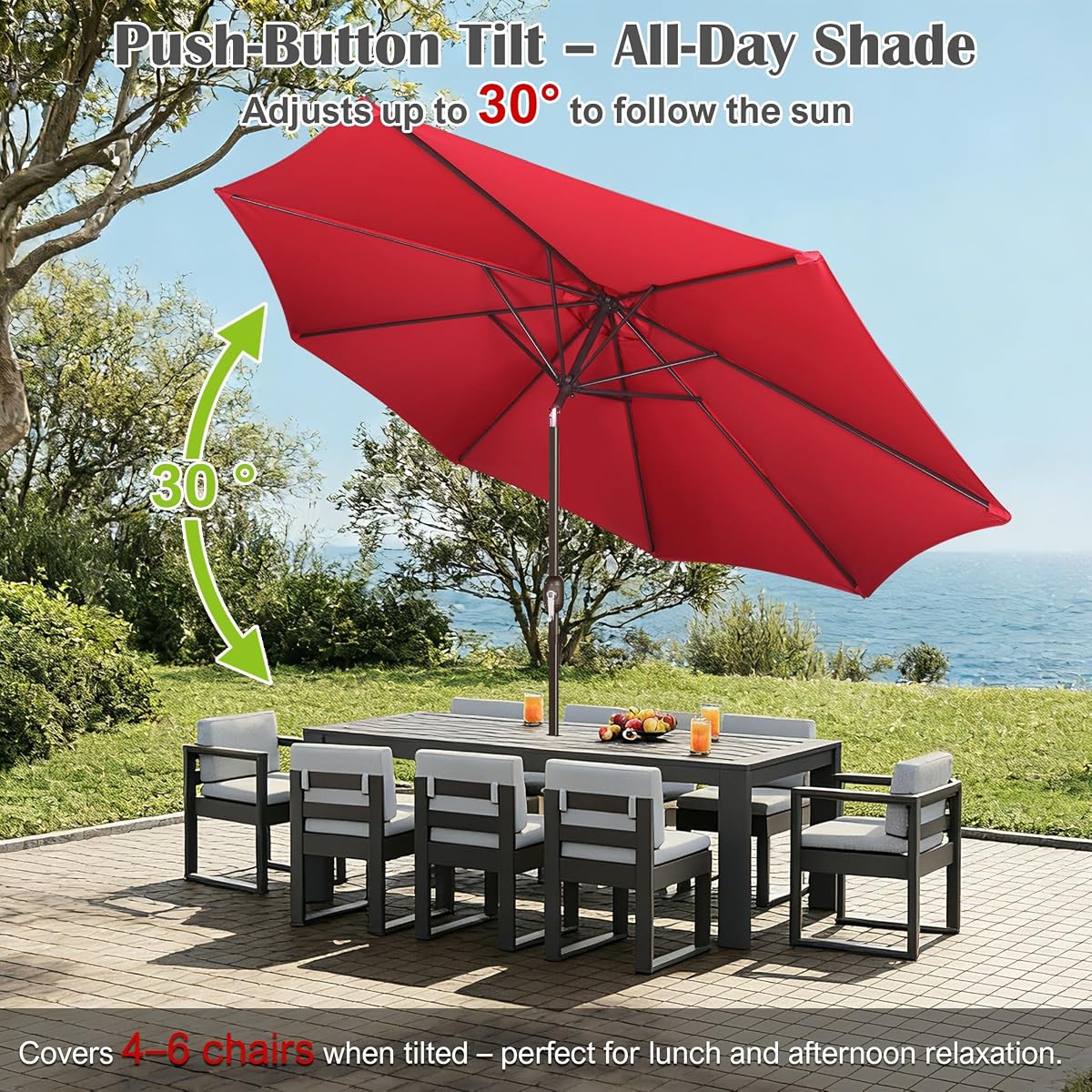 Blissun 10FT Patio Umbrella, Outdoor Table Umbrella, Yard Umbrella, Market Umbrella with 8 Sturdy Ribs, Push Button Tilt and Crank, Red - detail image 4