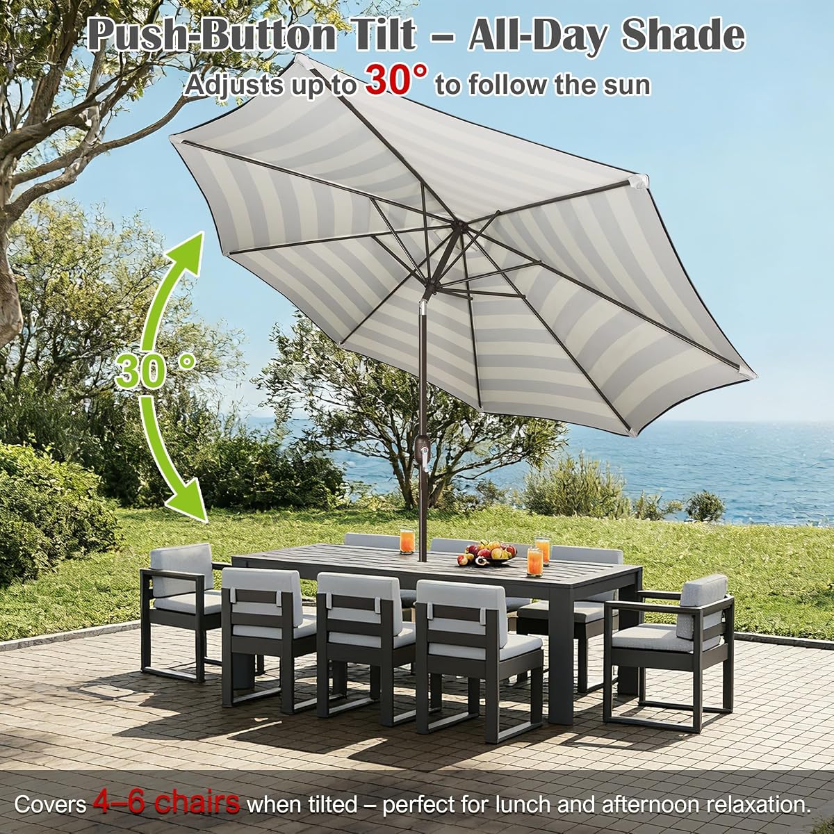 Blissun 10FT Patio Umbrella, Outdoor Table Umbrella, Yard Umbrella, Market Umbrella with 8 Sturdy Ribs, Push Button Tilt and Crank, Black & Ivory Stripe - detail image 4