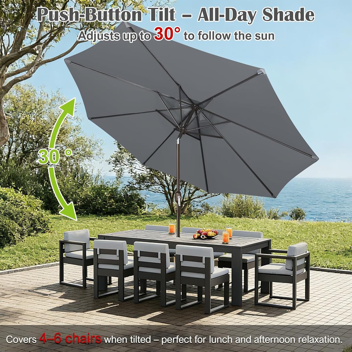 Blissun 10FT Patio Umbrella, Outdoor Table Umbrella, Yard Umbrella, Market Umbrella with 8 Sturdy Ribs, Push Button Tilt and Crank, Dark Grey - detail image 4