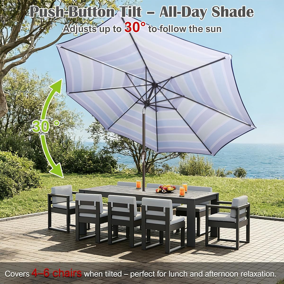 Blissun 10FT Patio Umbrella, Outdoor Table Umbrella, Yard Umbrella, Market Umbrella with 8 Sturdy Ribs, Push Button Tilt and Crank, Blue & Green - detail image 4