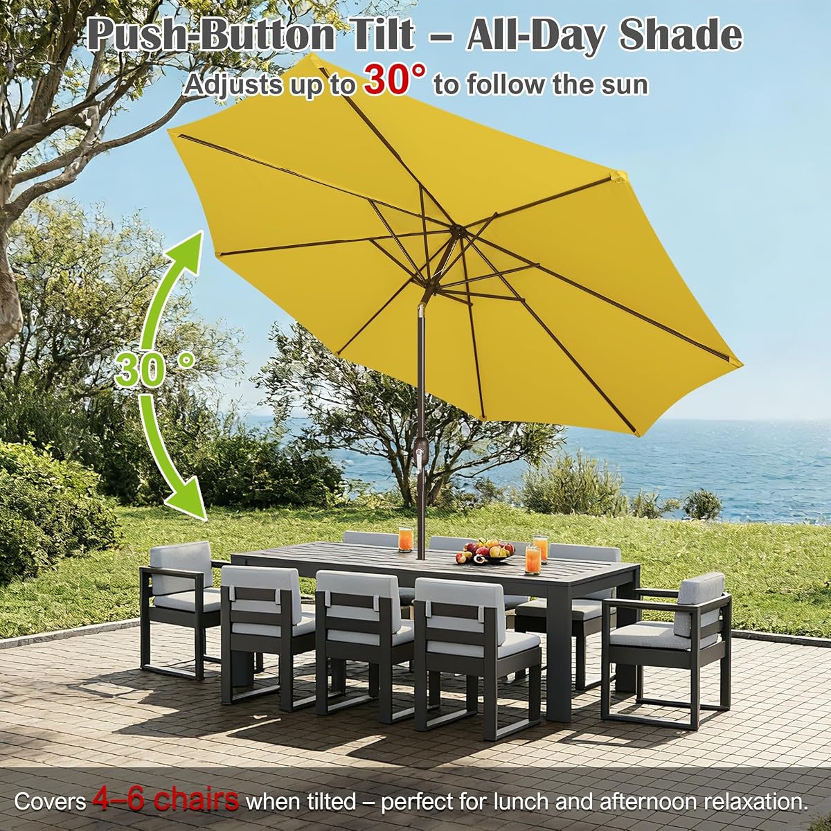 Blissun 10FT Patio Umbrella, Outdoor Table Umbrella, Yard Umbrella, Market Umbrella with 8 Sturdy Ribs, Push Button Tilt and Crank, Yellow - detail image 4