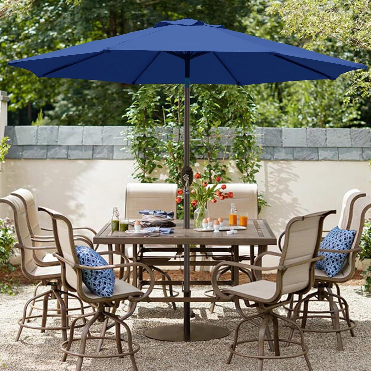Blissun 9' Outdoor Patio Umbrella, Outdoor Table Umbrella, Yard Umbrella, Market Umbrella with 8 Sturdy Ribs, Push Button Tilt and Crank (Navy Blue) - detail image 5