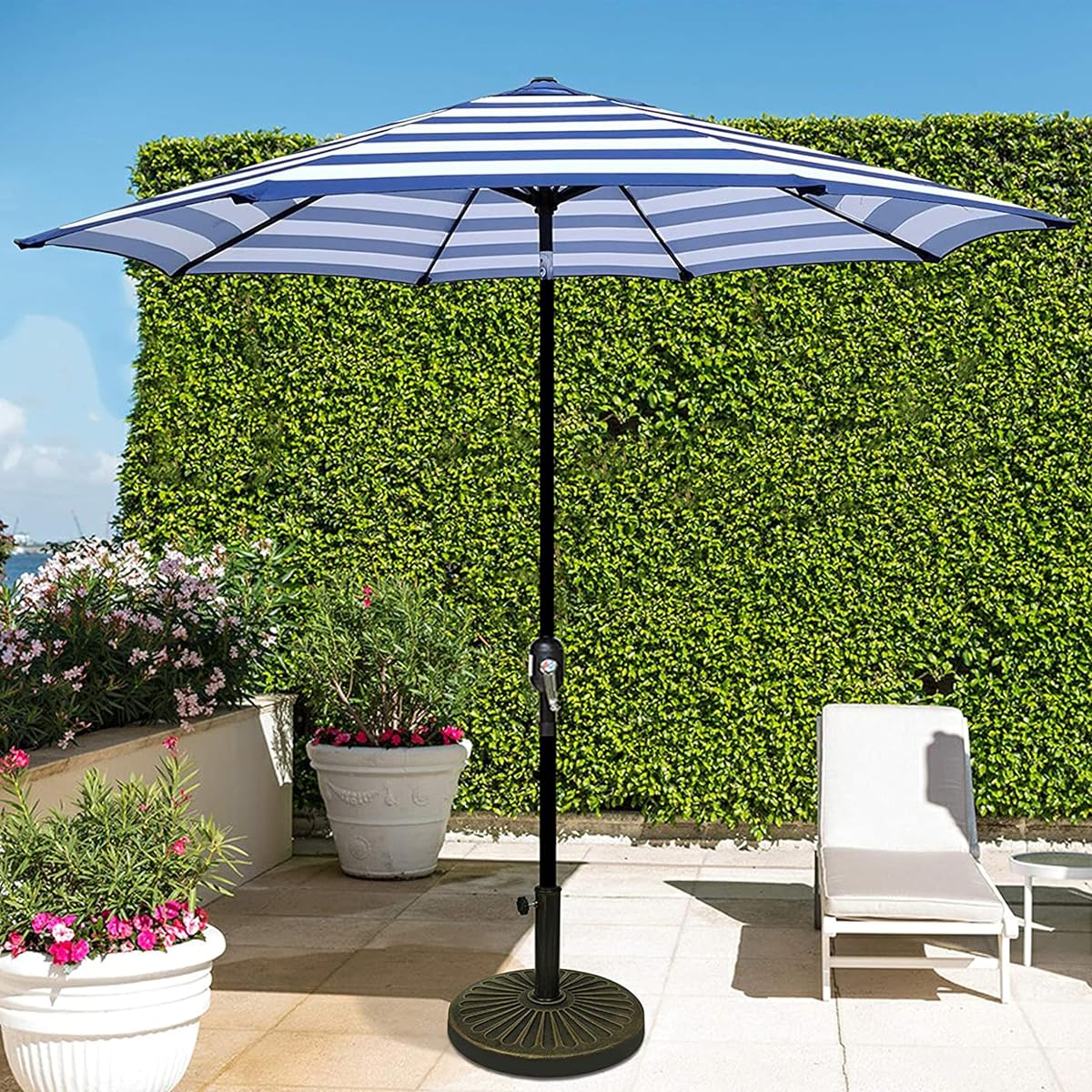 Blissun 9' Outdoor Patio Umbrella, Striped Patio Umbrella, Outdoor Table Umbrella, Market Umbrella with 8 Sturdy Ribs, Push Button Tilt and Crank (Blue & White Stripe) - detail image 5