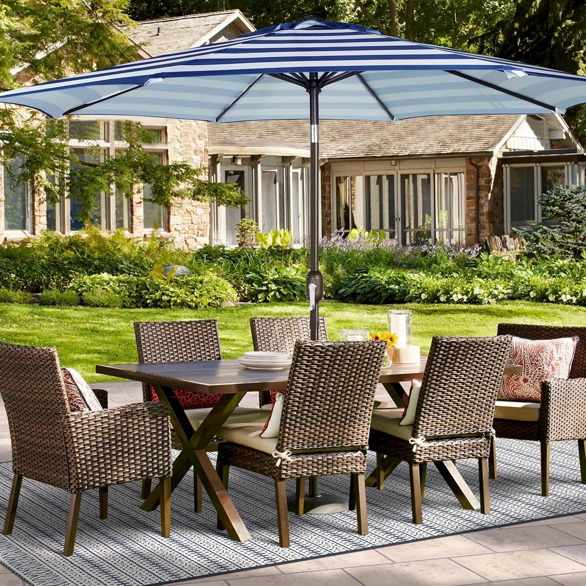 Blissun 9ft Patio Umbrella Replacement Canopy, Market Umbrella Top, Outdoor Table Umbrella Canopy for 8 Ribs, Canopy Only (Blue & White Stripe) - detail image 5