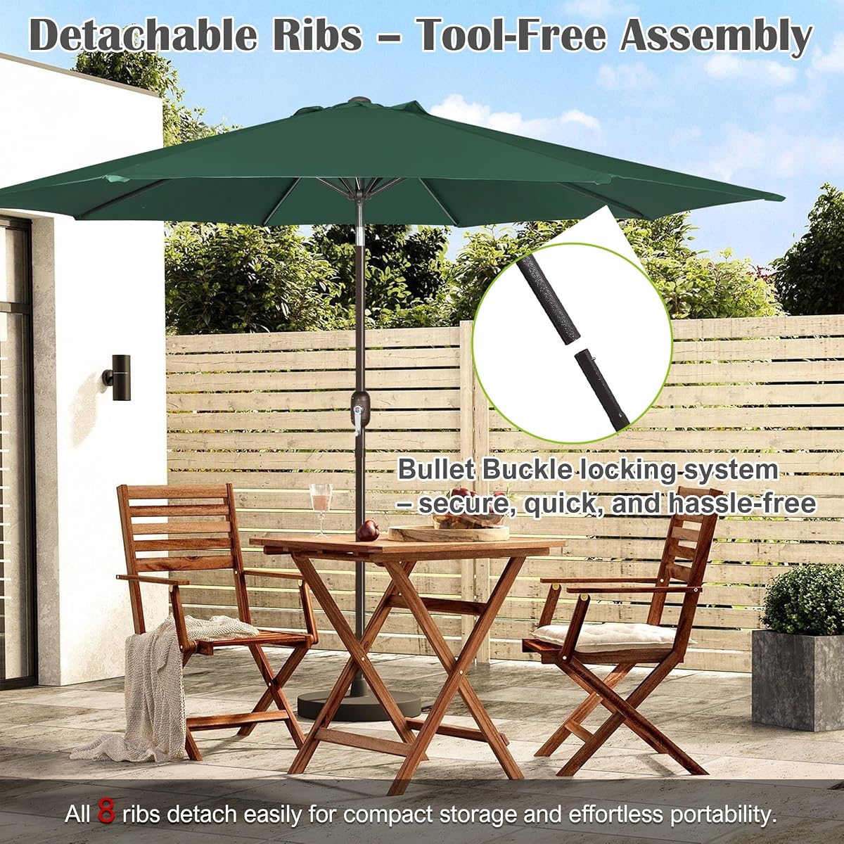 Blissun 10FT Patio Umbrella, Outdoor Table Umbrella, Yard Umbrella, Market Umbrella with 8 Sturdy Ribs, Push Button Tilt and Crank, Dark Green - detail image 5