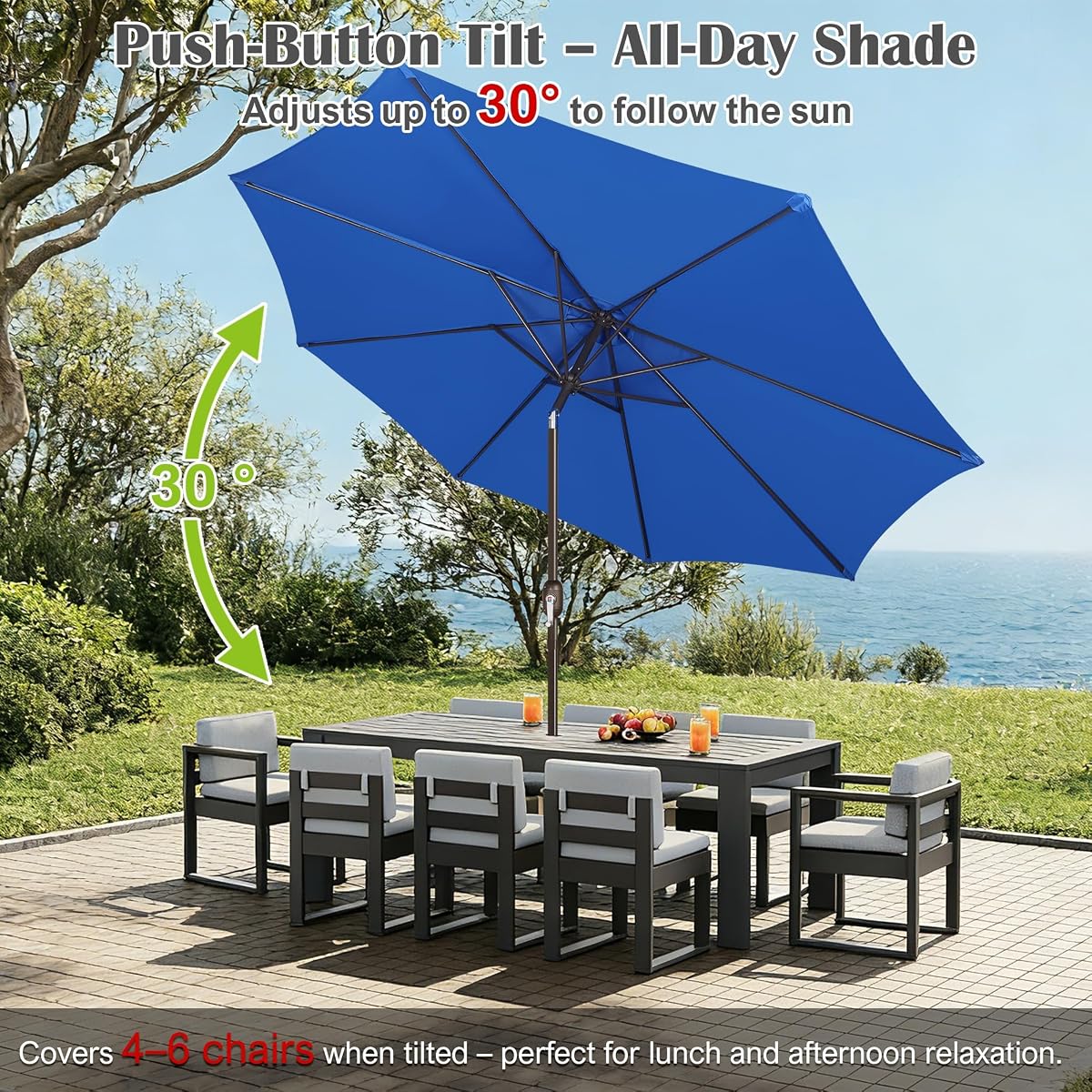 Blissun 10FT Patio Umbrella, Outdoor Table Umbrella, Yard Umbrella, Market Umbrella with 8 Sturdy Ribs, Push Button Tilt and Crank, Royal Blue - detail image 4