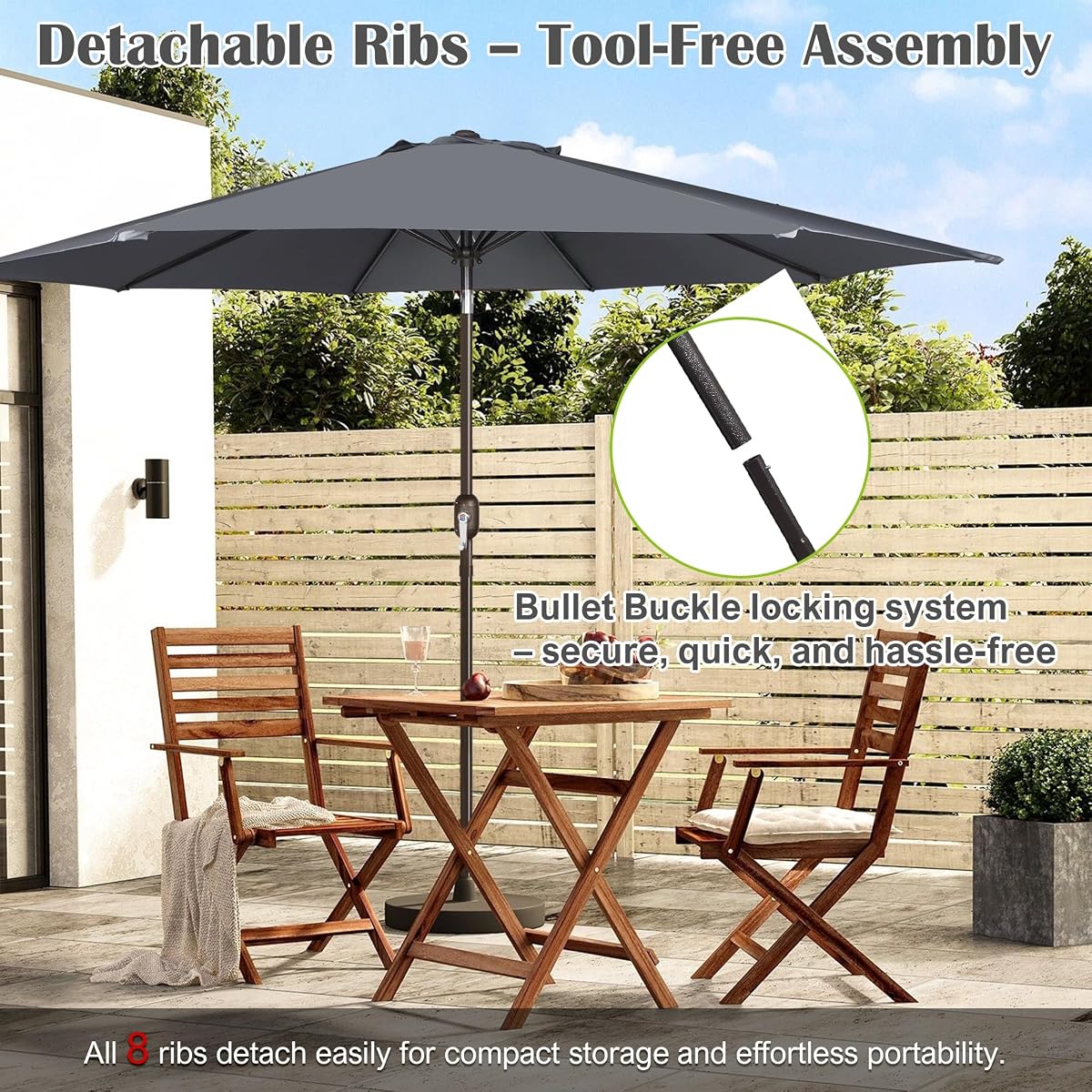 Blissun 10FT Patio Umbrella, Outdoor Table Umbrella, Yard Umbrella, Market Umbrella with 8 Sturdy Ribs, Push Button Tilt and Crank, Dark Grey - detail image 5