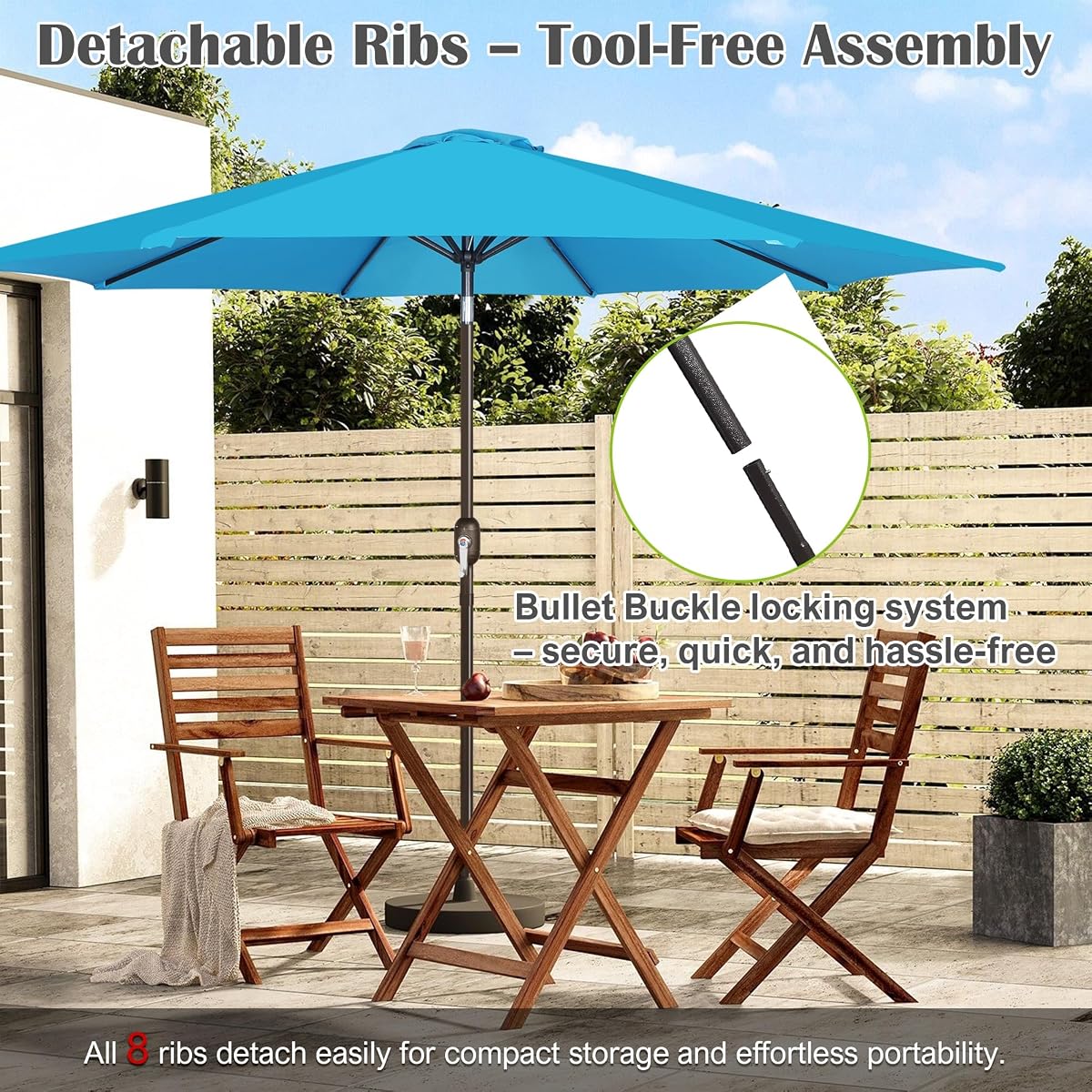 Blissun 10FT Patio Umbrella, Outdoor Table Umbrella, Yard Umbrella, Market Umbrella with 8 Sturdy Ribs, Push Button Tilt and Crank, Light Blue - detail image 5