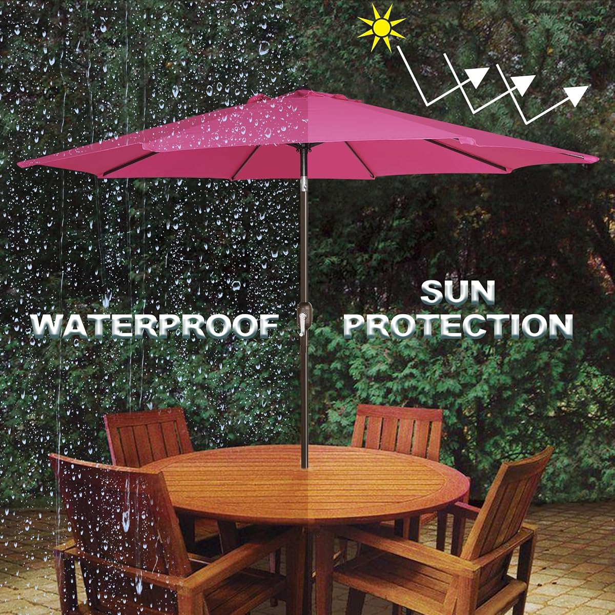 Blissun 9FT Patio Umbrella, Outdoor Table Umbrella, Yard Umbrella, Market Umbrella with 8 Sturdy Ribs, Push Button Tilt and Crank, Fuchsia - detail image 5