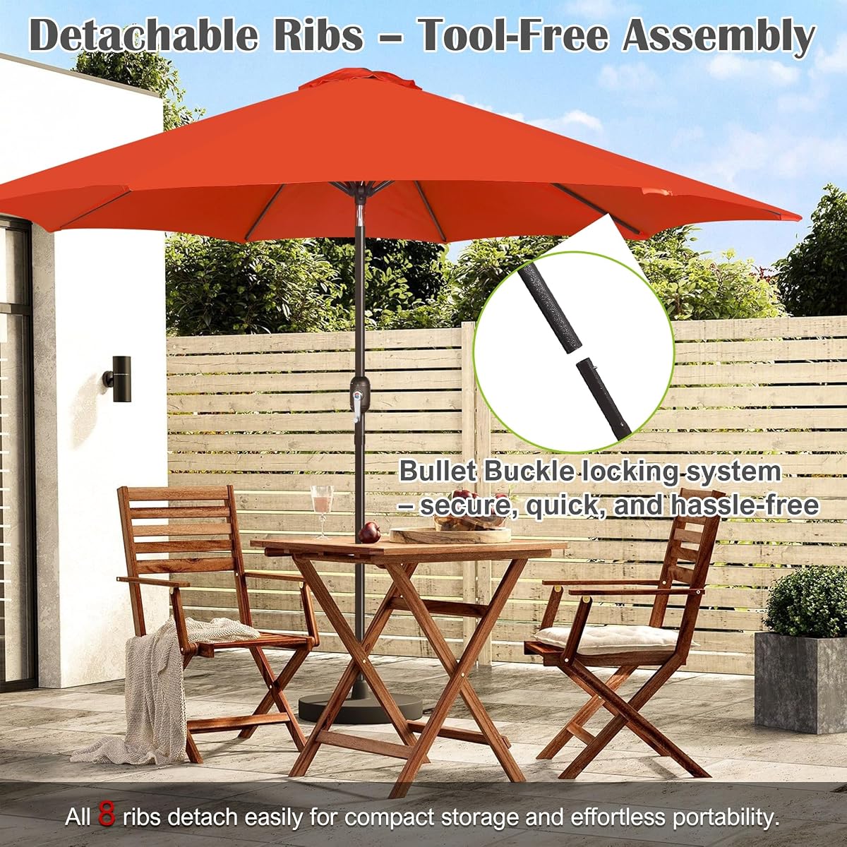 Blissun 10FT Patio Umbrella, Outdoor Table Umbrella, Yard Umbrella, Market Umbrella with 8 Sturdy Ribs, Push Button Tilt and Crank, Orange - detail image 5