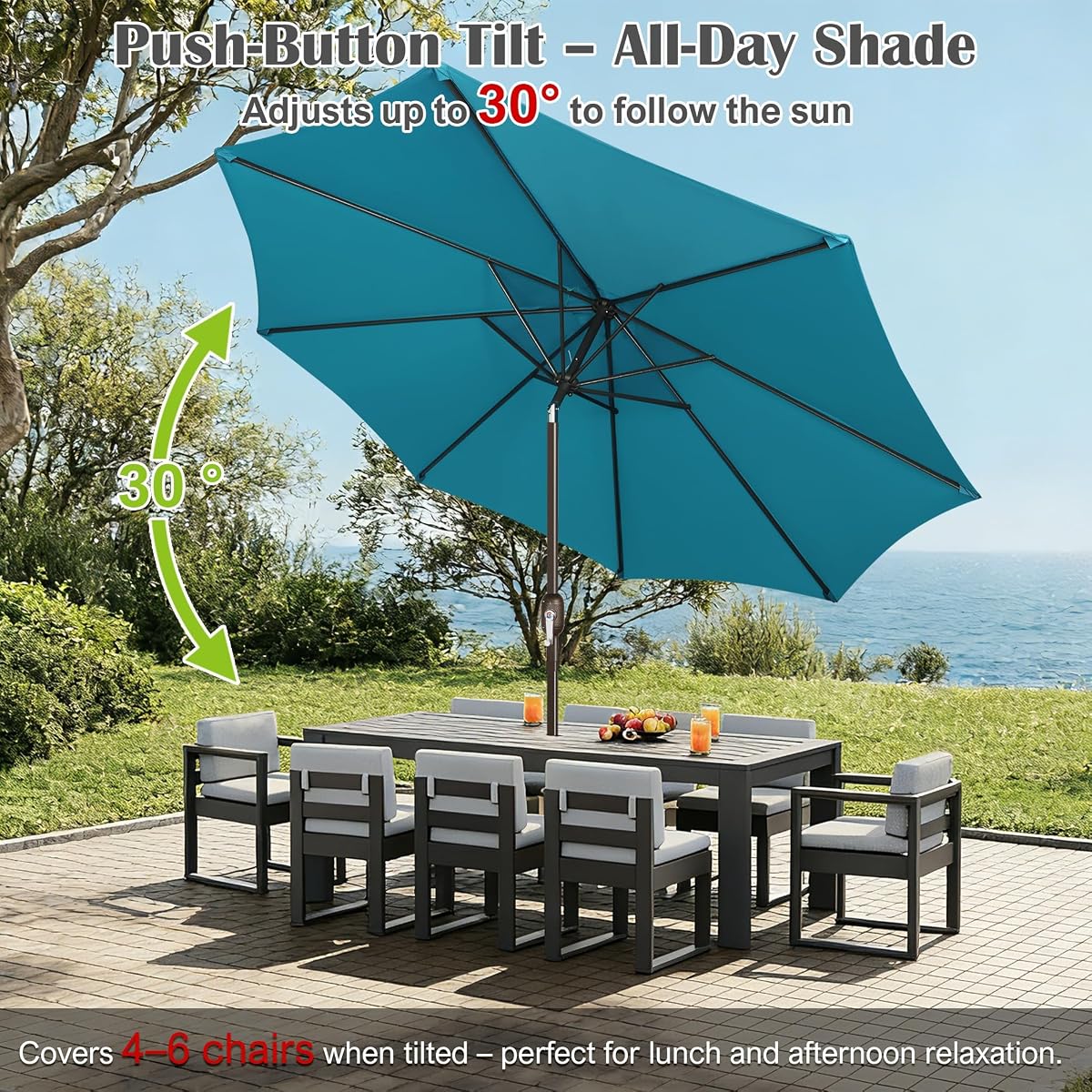 Blissun 10FT Patio Umbrella, Outdoor Table Umbrella, Yard Umbrella, Market Umbrella with 8 Sturdy Ribs, Push Button Tilt and Crank, Cerulean - detail image 4