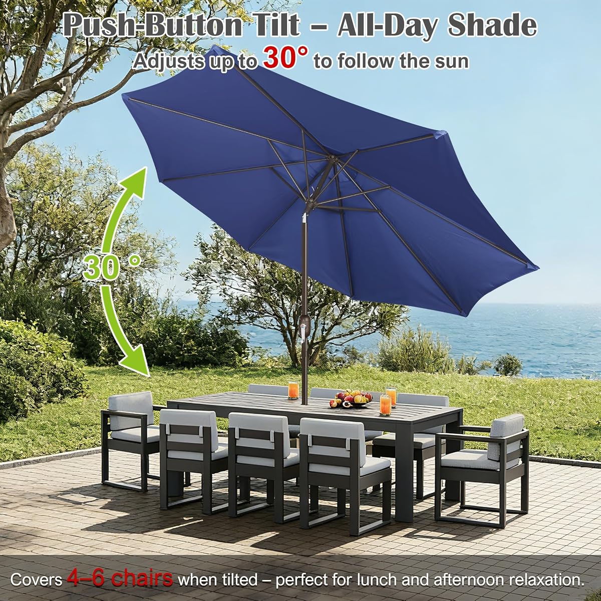 Blissun 10FT Patio Umbrella, Outdoor Table Umbrella, Yard Umbrella, Market Umbrella with 8 Sturdy Ribs, Push Button Tilt and Crank, Navy Blue - detail image 4