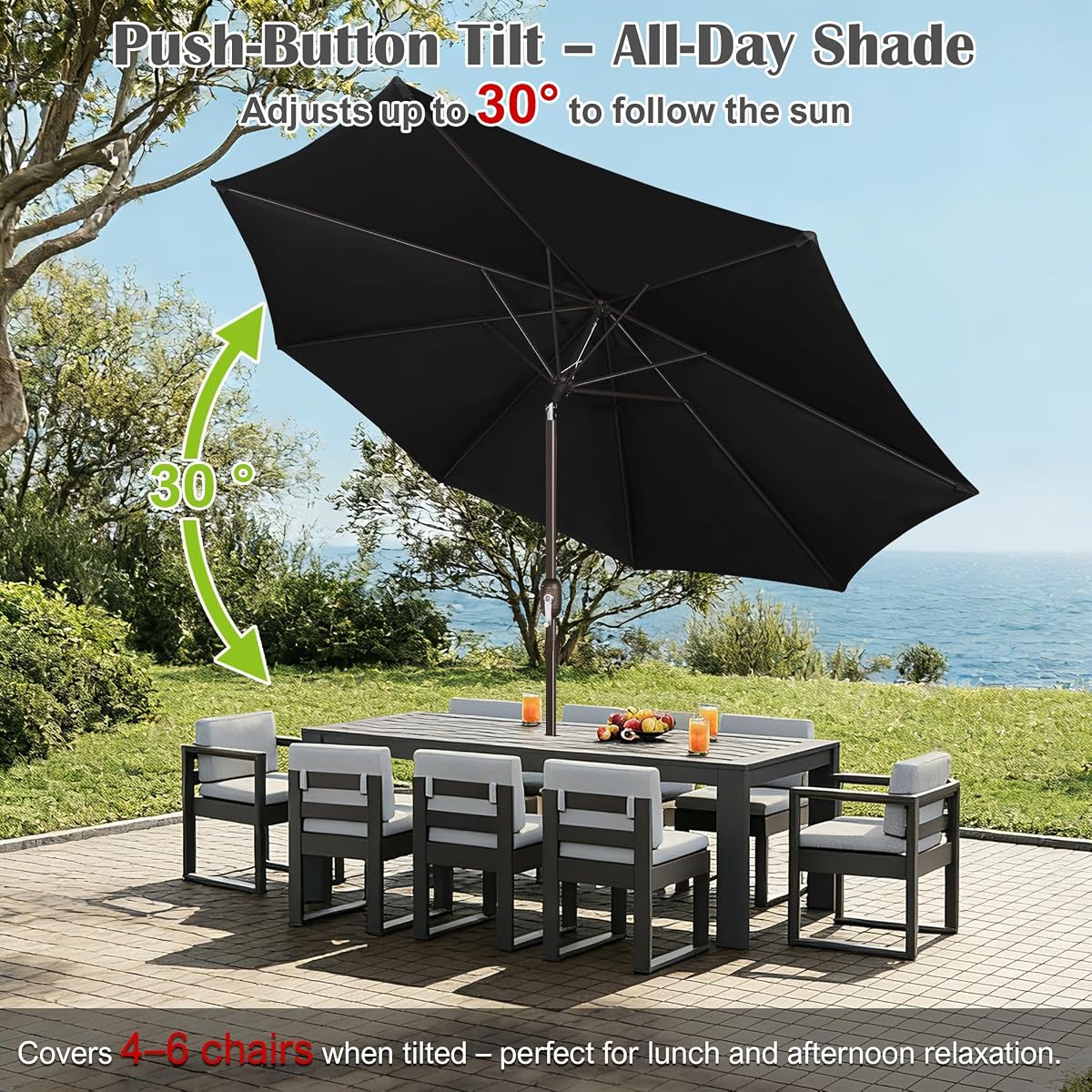 Blissun 10FT Patio Umbrella, Outdoor Table Umbrella, Yard Umbrella, Market Umbrella with 8 Sturdy Ribs, Push Button Tilt and Crank, Black - detail image 4