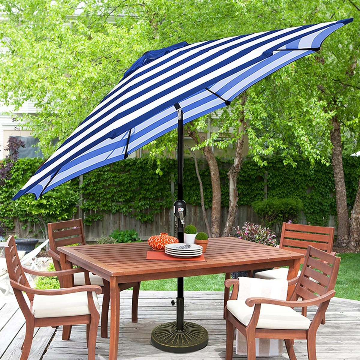 Blissun 9' Outdoor Patio Umbrella, Striped Patio Umbrella, Outdoor Table Umbrella, Market Umbrella with 8 Sturdy Ribs, Push Button Tilt and Crank (Blue & White Stripe) - detail image 4